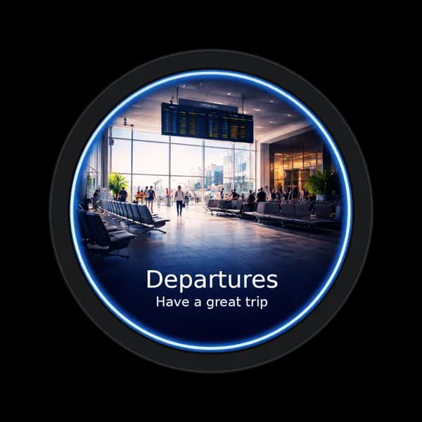 VOYCE round display showing a custom departures floor designation